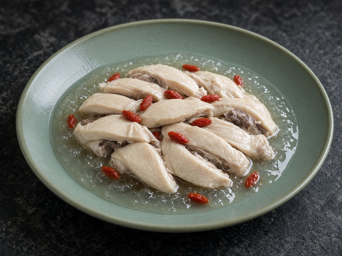 Pale slices of poached chicken in a clear jelly on a celadon plate, scattered with goji berries