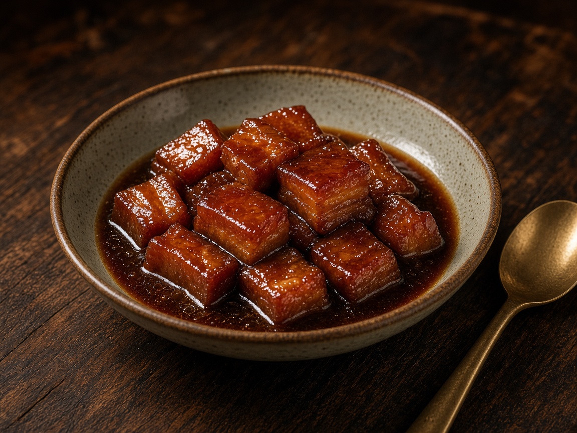 Cubes of glossy red-braised pork belly in a shallow ceramic bowl beside a brass spoon