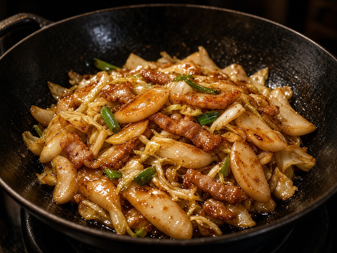 Stir-fried oval rice cakes with pork and cabbage in a black wok