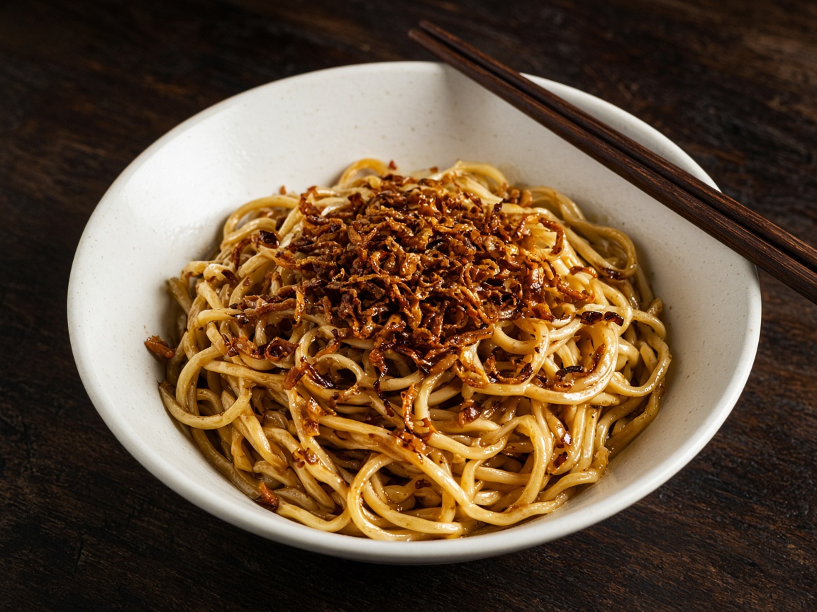 A white bowl of glossy wheat noodles piled with dark fried scallion, chopsticks on the rim