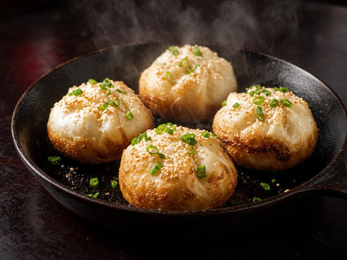 Four steaming pan-fried buns in a black iron pan, sesame and scallion on top