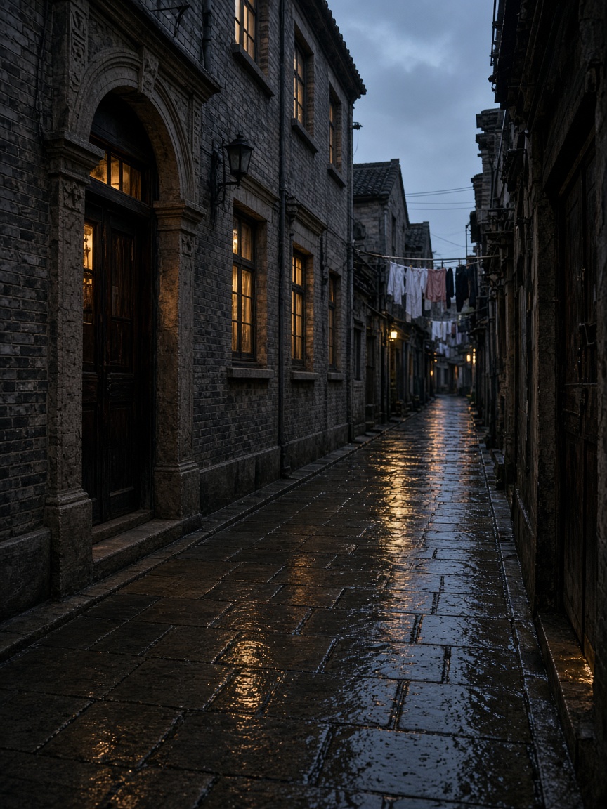 A wet stone lane at dusk, grey brick shikumen gates, and laundry strung between the houses