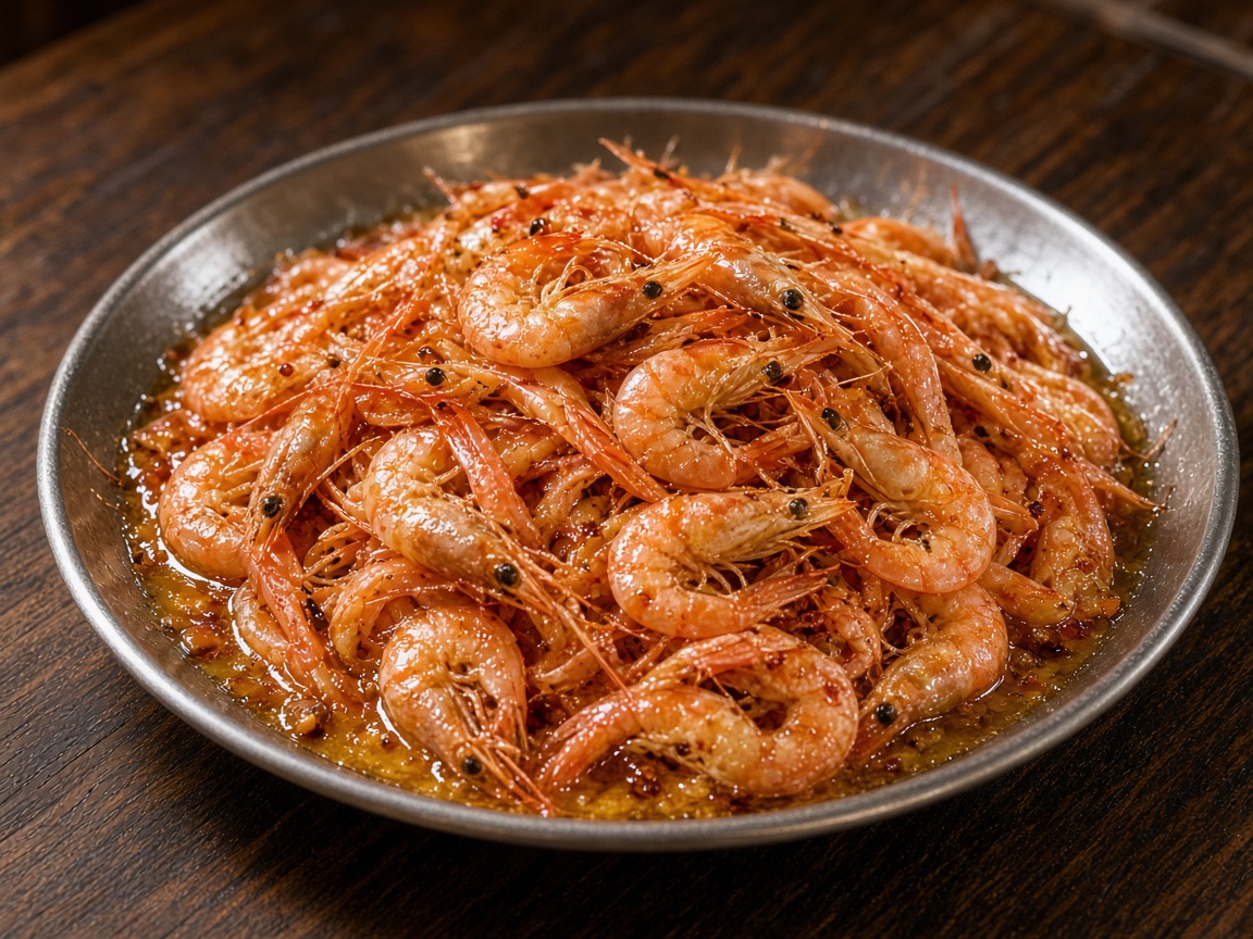 A heaped metal dish of pink-orange river shrimp in their shells, glossy with oil