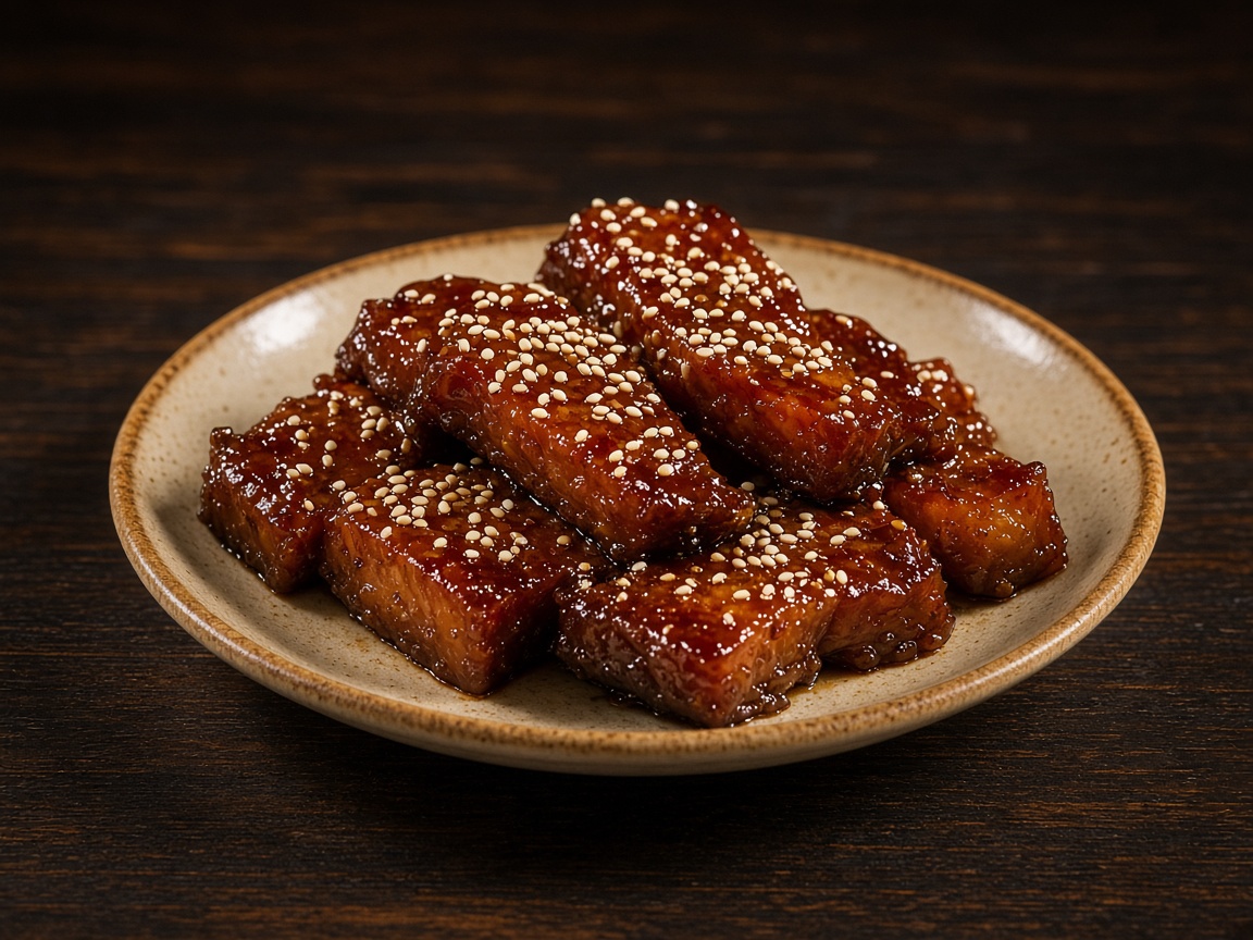 Thick glossy pieces of soy-braised fish topped with white sesame seeds