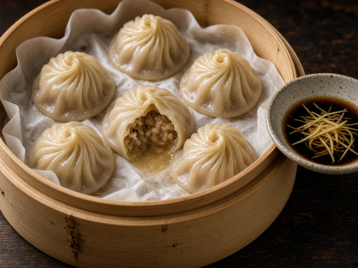 Six soup dumplings in a bamboo steamer, one torn open so the broth spills onto the paper